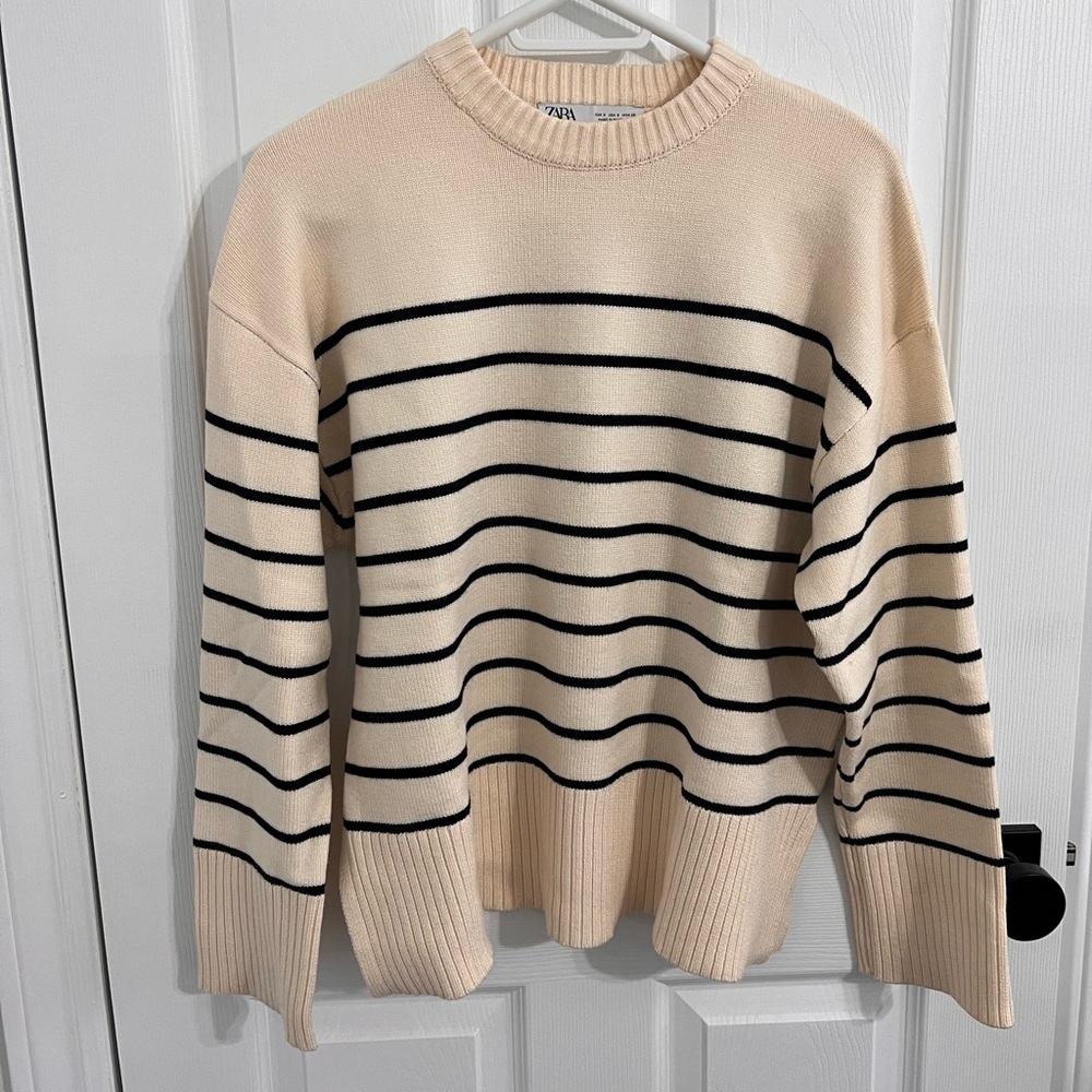 Zara Cream and Black Striped Knit Sweater
